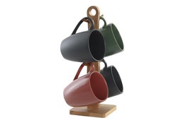 DKD Home Decor Set de 4 tazas de gres y rubberwood Verde, Lianfeng 21