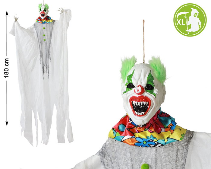 Payaso Colgante Halloween 180 cm con Ropa Blanca y Cara Monstruosa para Decoración Aterradora Payaso Colgante Halloween 180 cm con Ropa Blanca y Cara Monstruosa para Decoración Aterradora