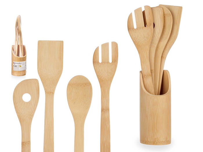 Kinvara Set de 5 Utensilios de Bambú con Soporte Marrón Kinvara Set de 5 Utensilios de Bambú con Soporte Marrón