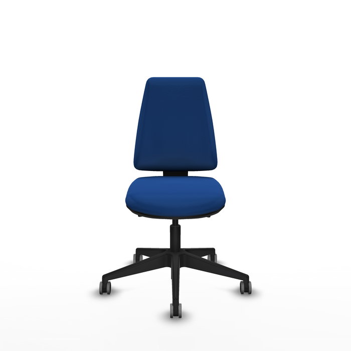 Silla de oficina Elche con mecanismo Asincro tapizada con Similpiel color Azul. Equipada con Base piramidal negra, Sin brazos y Ruedas 65 mm parqué