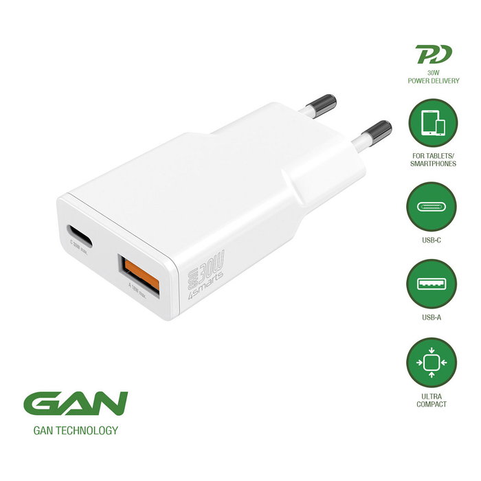 4smarts Cargador PDPlug Slim Duos 30W GaN USB-C + USB-A Blanco