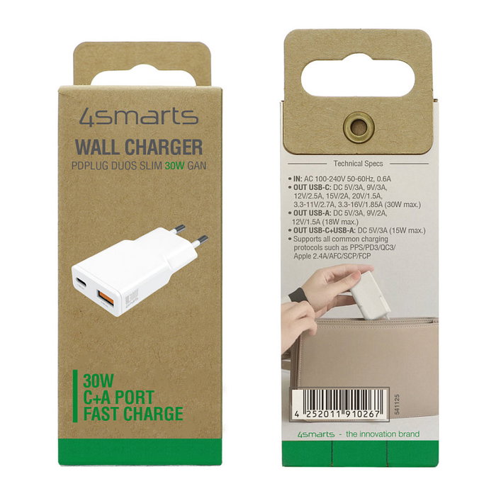 4smarts Cargador PDPlug Slim Duos 30W GaN USB-C + USB-A Blanco