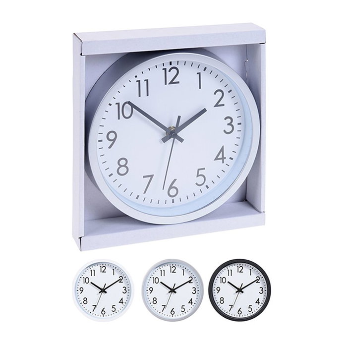 Reloj de pared redondo, colores surtidos (blanco/plata/negro), fondo blanco con números negros, Ø20 x 3.8 cm, funciona con pila AA (no incluida)