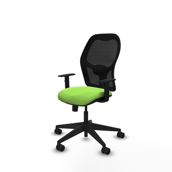 Silla de oficina Alocén con mecanismo Sincro tapizada con Tela color Pistacho y malla color Negro. Equipada con lumbar 1D, Brazos 1D y Ruedas 65mm nailon