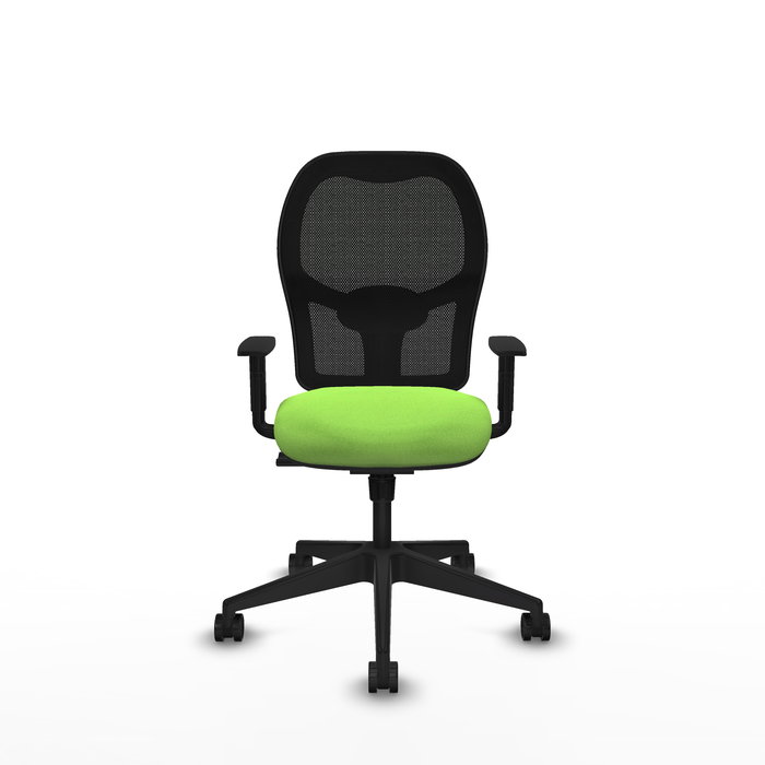 Silla de oficina Alocén con mecanismo Sincro tapizada con Tela color Pistacho y malla color Negro. Equipada con lumbar 1D, Brazos 1D y Ruedas 65mm nailon
