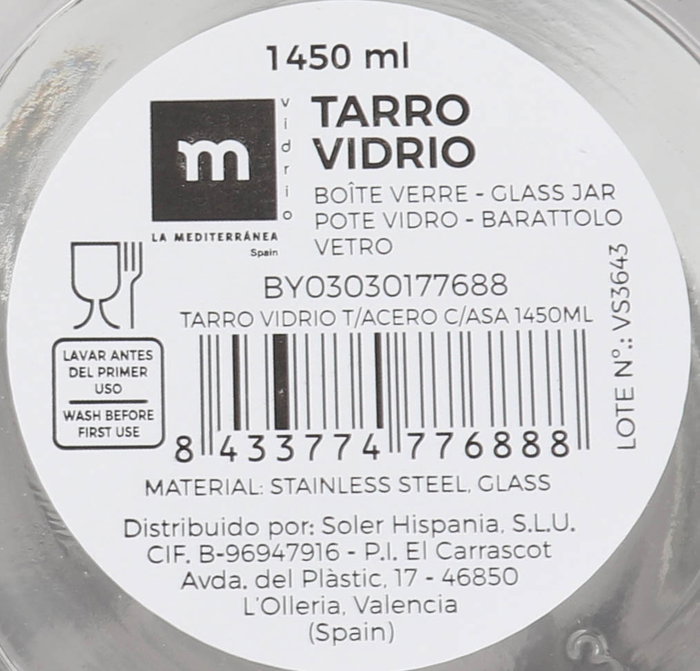 La Mediterranea Tarro de Vidrio con Tapa de Acero y Asa 1450ml