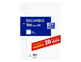 Oxford Recambio Papel DIN A4 80+20 Hojas Gratis 90gr Cuadro 4mm 4 Taladros