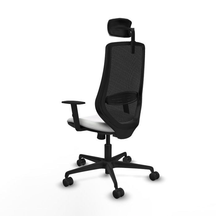 Silla de oficina Mardos con mecanismo Sincro tapizada con Tela color Blanco y malla color Negro. Equipada con lumbar 1D, Brazos 1D, Cabecero 2D y Ruedas 65mm nailon