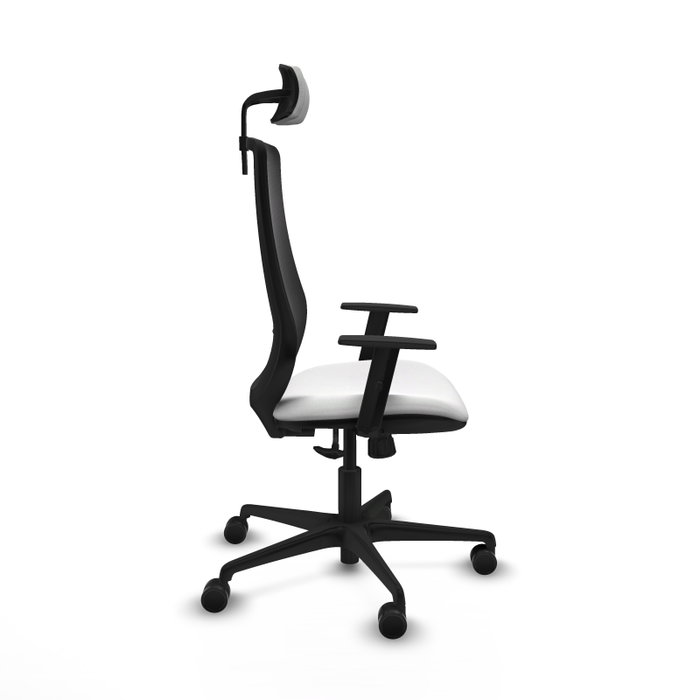 Silla de oficina Mardos con mecanismo Sincro tapizada con Tela color Blanco y malla color Negro. Equipada con lumbar 1D, Brazos 1D, Cabecero 2D y Ruedas 65mm nailon