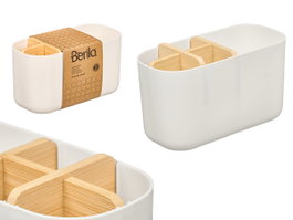 BERILO Organizador de Cosméticos de Plástico y Bambú con 5 Huecos, Blanco-Bambu