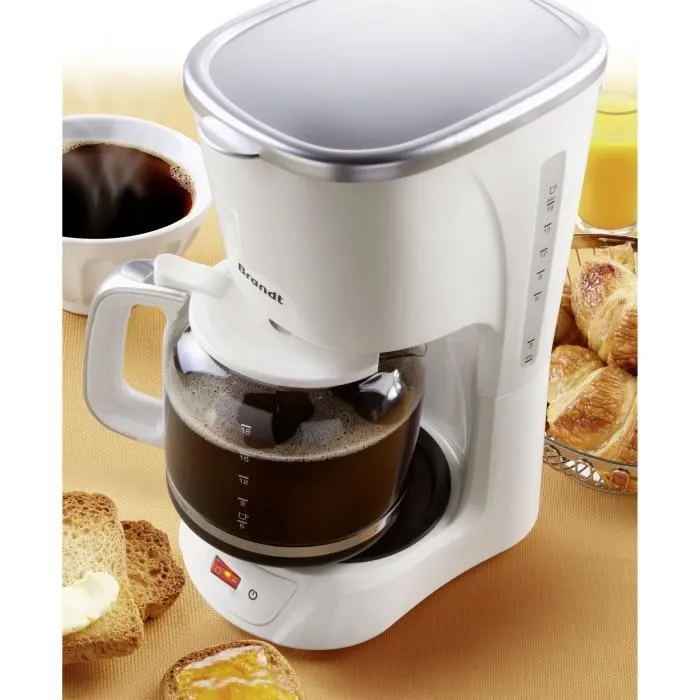 Brandt CAF1318S Cafetera con filtro, 1100W, 18 tazas, jarra de vidrio, placa caliente 40 min, blanco y plata