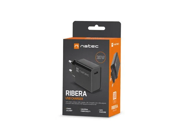 Natec Ribera Cargador USB-C 20W Power Delivery Quick Charge 3.0 con PPS, Compatible Universal, Carga Rápida, Negro