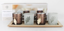DKD Home Decor Set de 5 Portavelas de Cristal con Bandeja de MDF Marrón