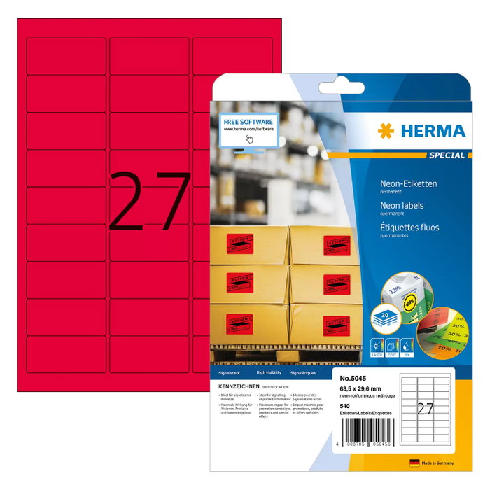 Herma Etiquetas Neón A4 Rojo Fluorescente 63,5 x 29,6 mm