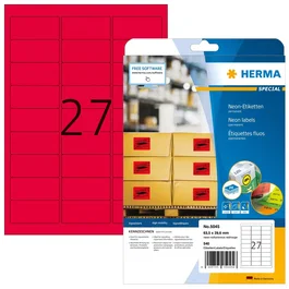 Herma 5045 Etiquetas Autoadhesivas A4 - 540 Etiquetas Rectangulares Rojas Fluorescentes, Papel para Impresora Laser/Inyección, Permanente, 63.5 x 29.6mm