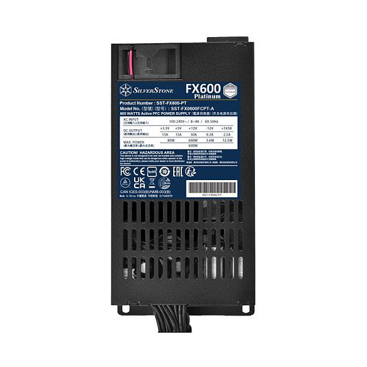 Silverstone FX600 Platinum - Fuente de alimentación 600W 80 Plus Platinum, Flex ATX, 2x PCIe 6+2 pines, Cableado no modular, color Negro, SST-FX600-PT