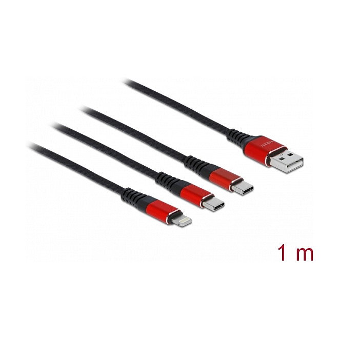 DeLOCK Cable de carga 3 en 1 USB-A a Lightning y 2 x USB-C, 1 m, Negro/Rojo DeLOCK Cable de carga 3 en 1 USB-A a Lightning y 2 x USB-C, 1 m, Negro/Rojo
