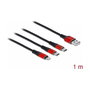 DeLOCK Cable de carga 3 en 1 USB-A a Lightning y 2 x USB-C, 1 m, Negro/Rojo