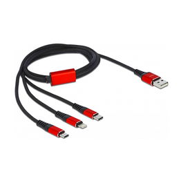DeLOCK Cable de Carga USB 3 en 1 Tipo-A a Lightning y 2x USB Type-C 1 m Negro/Rojo