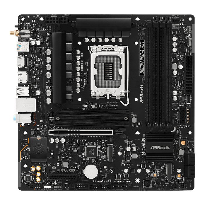 ASRock B860M Pro-A WiFi, Placa Base Micro ATX Intel B860, Socket LGA 1851, WiFi 6E, Bluetooth 5.3, 2.5Gb Ethernet, DDR5 256GB, PCIe 5.0, DisplayPort 1.4, USB 3.2 Gen 2x2 Tipo-C