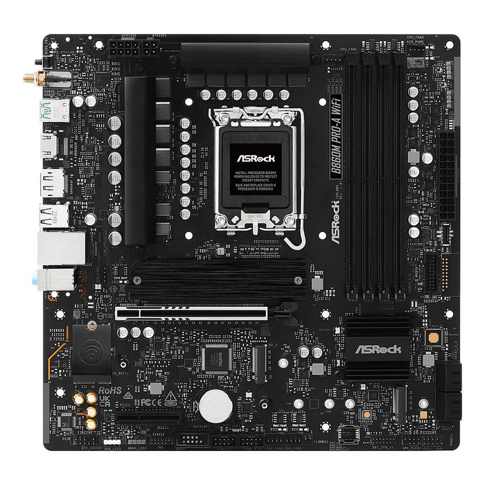 ASRock B860M Pro-A WiFi, Placa Base Micro ATX Intel B860, Socket LGA 1851, WiFi 6E, Bluetooth 5.3, 2.5Gb Ethernet, DDR5 256GB, PCIe 5.0, DisplayPort 1.4, USB 3.2 Gen 2x2 Tipo-C