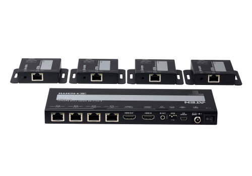 Aten Distribuidor / Splitter HDMI 4K sobre CAT 6 de 4 Puertos VS1824KIT-AT-G, Kit con 4 Receptores, Salida HDMI Local y POC