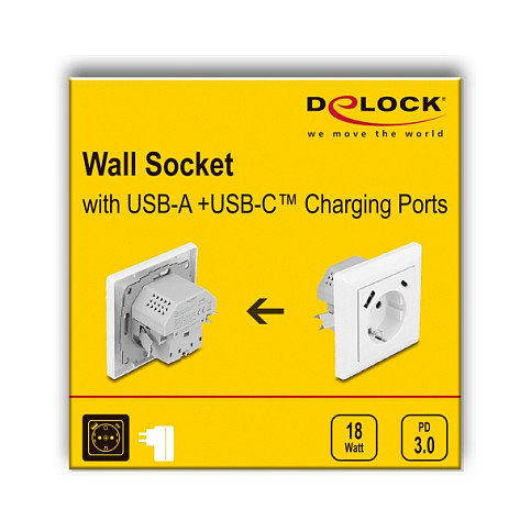 DeLOCK Enchufe de pared con 2 puertos USB (1x USB-A + 1x USB-C PD 3.0 18W) Blanco