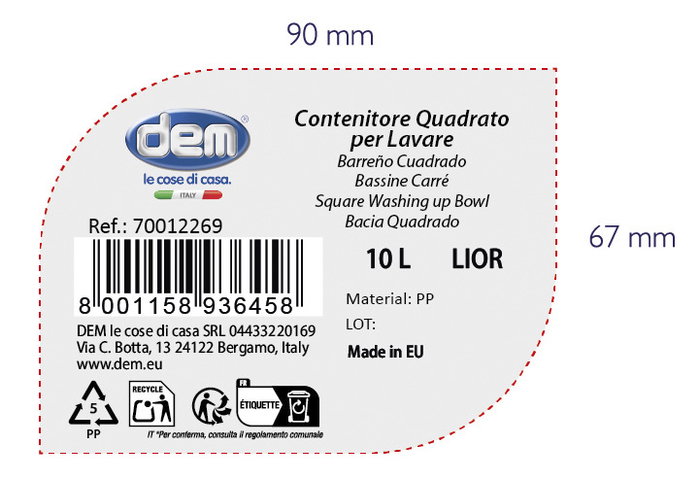 Inde Barreño Cuadrado Lior 10 litros, 34.3 x 34.2 x 14.8 cm (12 Unidades)