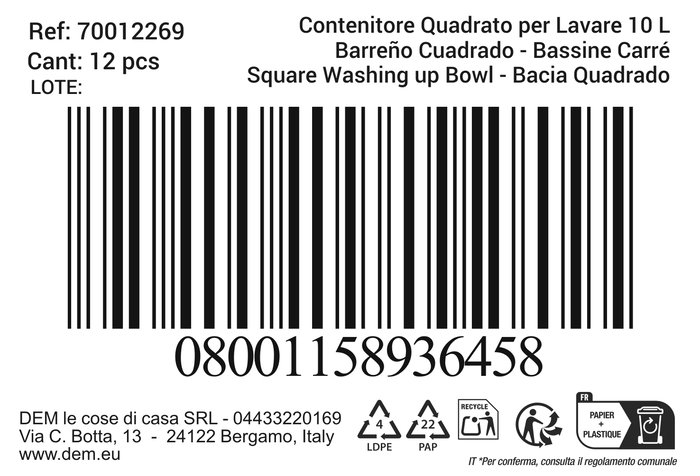 Inde Barreño Cuadrado Lior 10 litros, 34.3 x 34.2 x 14.8 cm (12 Unidades)