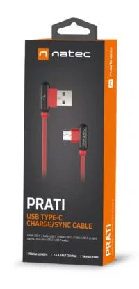 Natec NKA 1201 Cable USB 2.0 de 1m, Conectores USB-A a USB-C en Ángulo, Color Negro/Rojo - Velocidad 0.48 Gbit/s