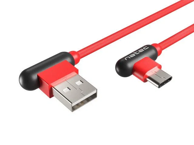 Natec NKA 1201 Cable USB 2.0 de 1m, Conectores USB-A a USB-C en Ángulo, Color Negro/Rojo - Velocidad 0.48 Gbit/s
