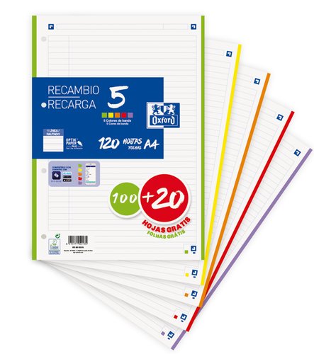 Oxford Recambio School A4 120h (100+20) 90gr 4 Taladros 5 Bandas Colores Vivos