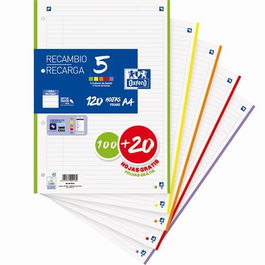 Recambio Oxford School A4 120H (100+20) 90Gr 4 Taladros Horizontal (5 Colores Vivos En Banda)