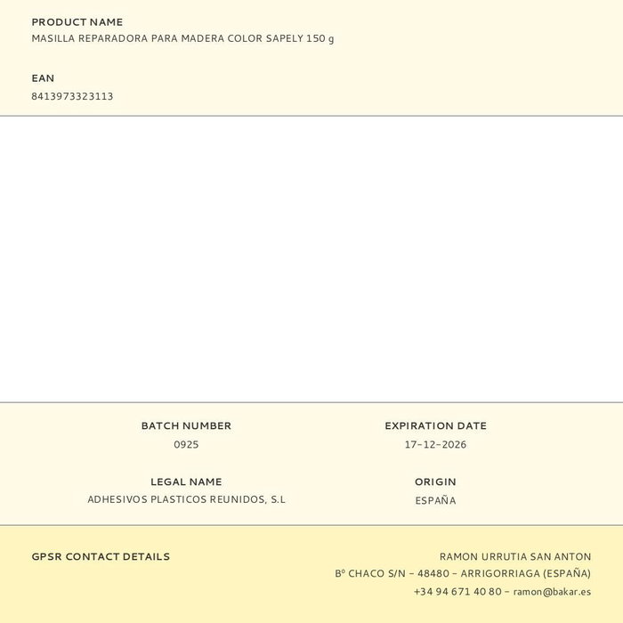 Bakar Masilla Reparadora para Madera Color Sapely 150 g