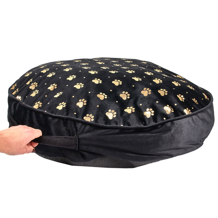 The Concept Factory Mon Chat Mon Ch Cojín para Mascotas Negro con Dorado, Diámetro 60 cm, Altura 10 cm
