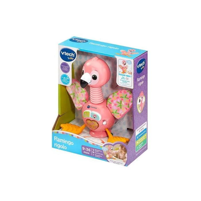 VTech Funny Flamingo AACHW45346: juguete de desarrollo con forma de flamenco rosa para niños de 9 a 36 meses, con sonidos, melodías y ventosa
