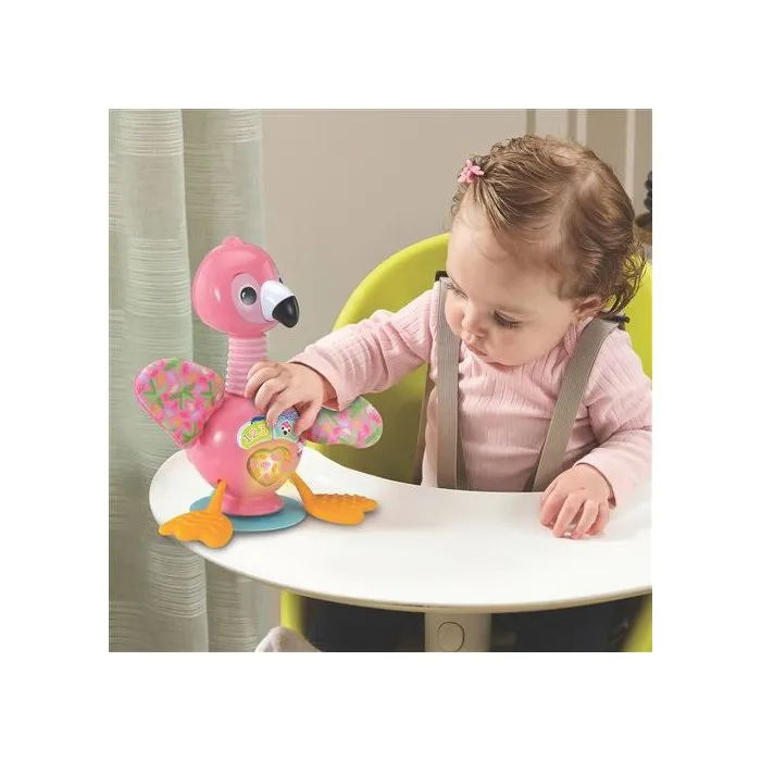 VTech Funny Flamingo AACHW45346: juguete de desarrollo con forma de flamenco rosa para niños de 9 a 36 meses, con sonidos, melodías y ventosa