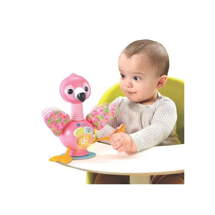 VTech Funny Flamingo AACHW45346: juguete de desarrollo con forma de flamenco rosa para niños de 9 a 36 meses, con sonidos, melodías y ventosa