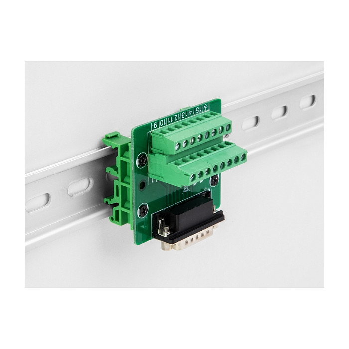 DeLOCK Adaptador D-Sub 15 Pines Macho a Bloque Terminal para Carril DIN 58 x 61 x 30 mm, Sección 24-12 AWG, -40 a 100°C, Verde