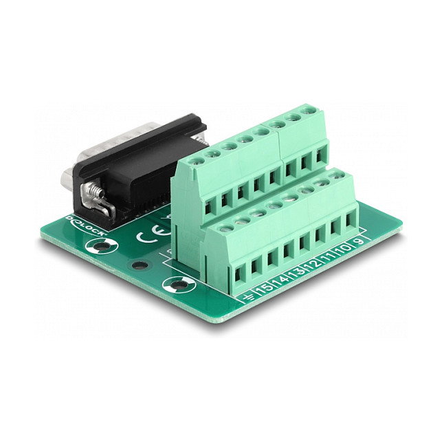 DeLOCK Adaptador D-Sub 15 Pines Macho a Bloque Terminal para Carril DIN 58 x 61 x 30 mm, Sección 24-12 AWG, -40 a 100°C, Verde