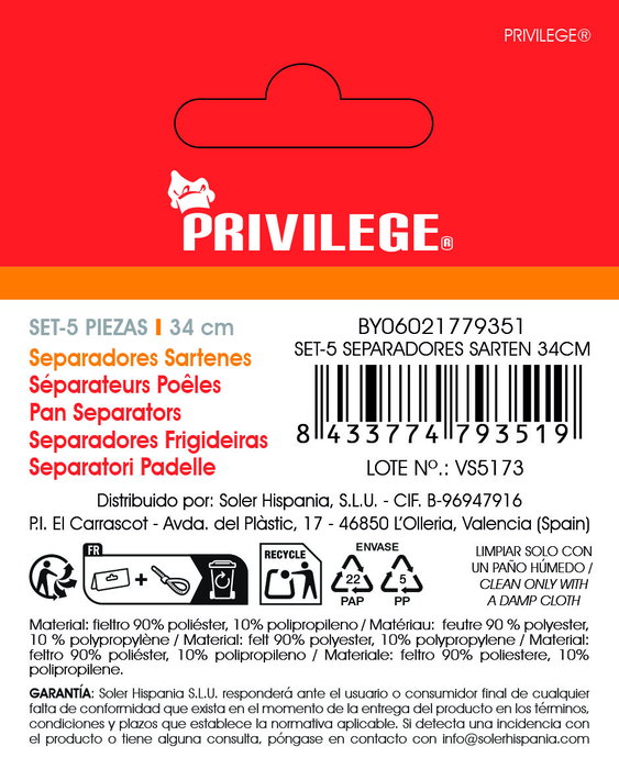 Inde Set de 5 Separadores para Sartén Privilege 34 cm (24 Unidades)
