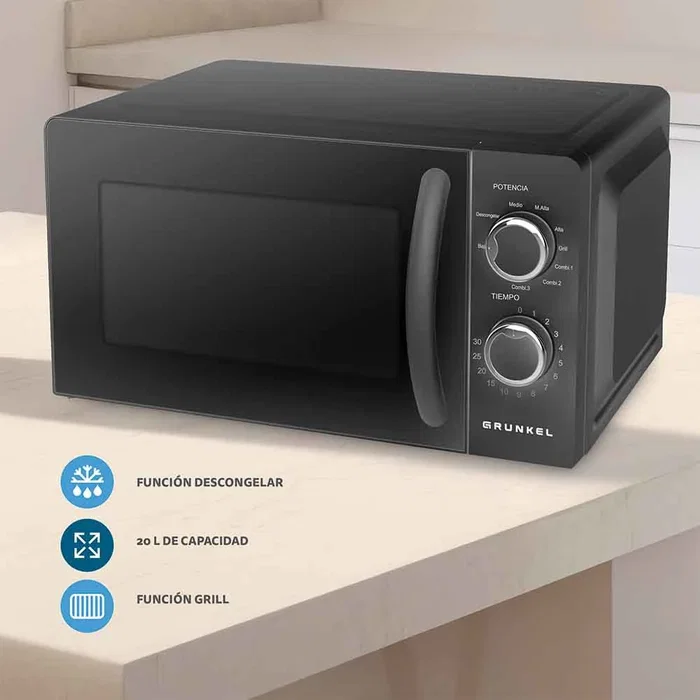 Grunkel MWG-20NG Microondas con Grill 20 Litros 700W, Color Negro, Potencia Grill 900W, Control Manual, 5 Niveles de Potencia
