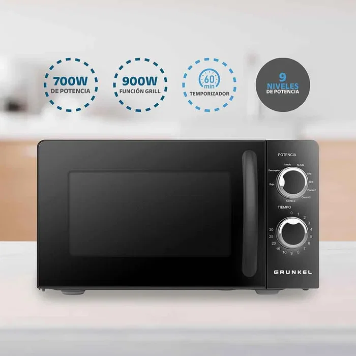 Grunkel MWG-20NG Microondas con Grill 20 Litros 700W, Color Negro, Potencia Grill 900W, Control Manual, 5 Niveles de Potencia