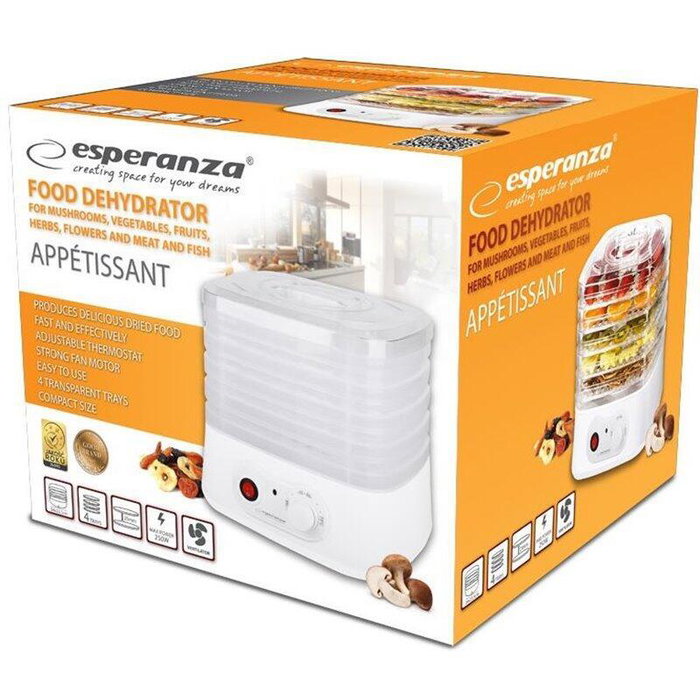 Esperanza EKD004 Deshidratador de Alimentos 250W con 4 Bandejas, 8 Temperaturas (35-75°C), Blanco y Transparente