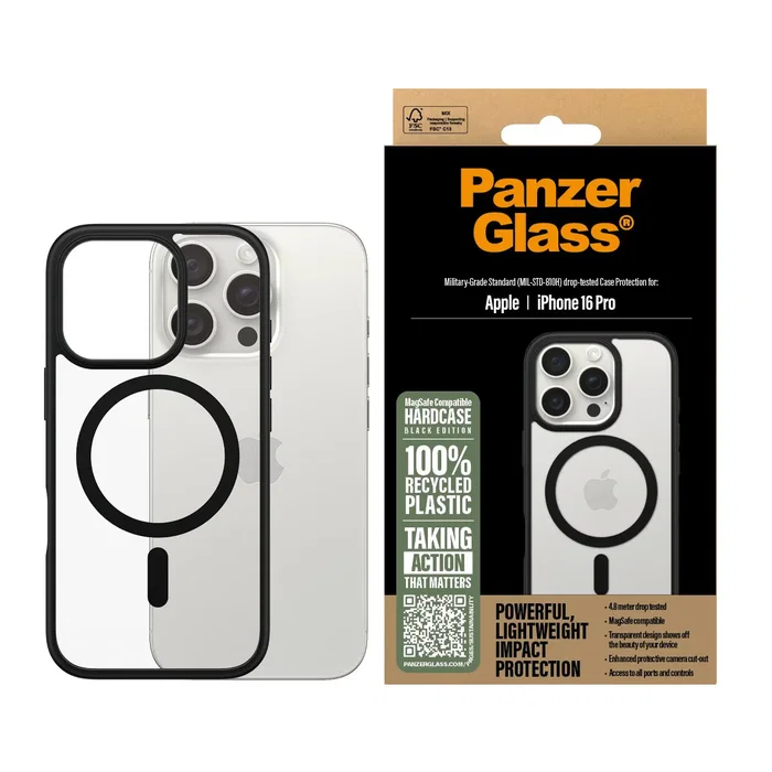 PanzerGlass HardCase Transparente con MagSafe Negro y Marco iPhone 16 Pro - Funda TPU Resistente a Golpes, Certificación MIL-STD-810H