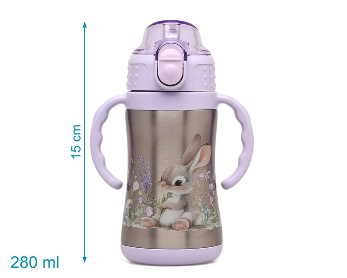 KioKids Botella Conejito Acero Inoxidable Con Asas Lavanda 280 mL para Bebés +6 Meses