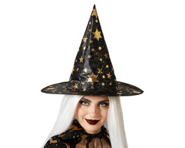 FantasyWear Sombrero de Bruja Negro con Estrellas Doradas para Mujer Adulta