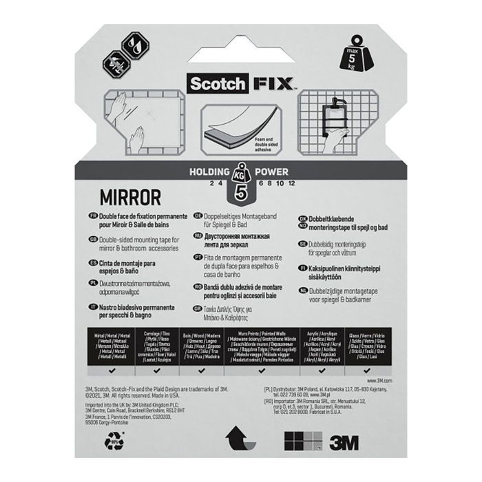 Scotch Cinta Doble Cara Montaje Espejos Máx 5 kg 19 mm x 5 m