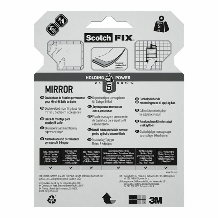 Scotch Cinta de doble cara para montaje de espejos 19mm x 5m Scotch Cinta de doble cara para montaje de espejos 19mm x 5m