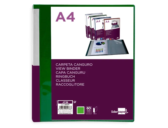 Liderpapel Carpeta de 60 fundas canguro verde translúcido DIN A4